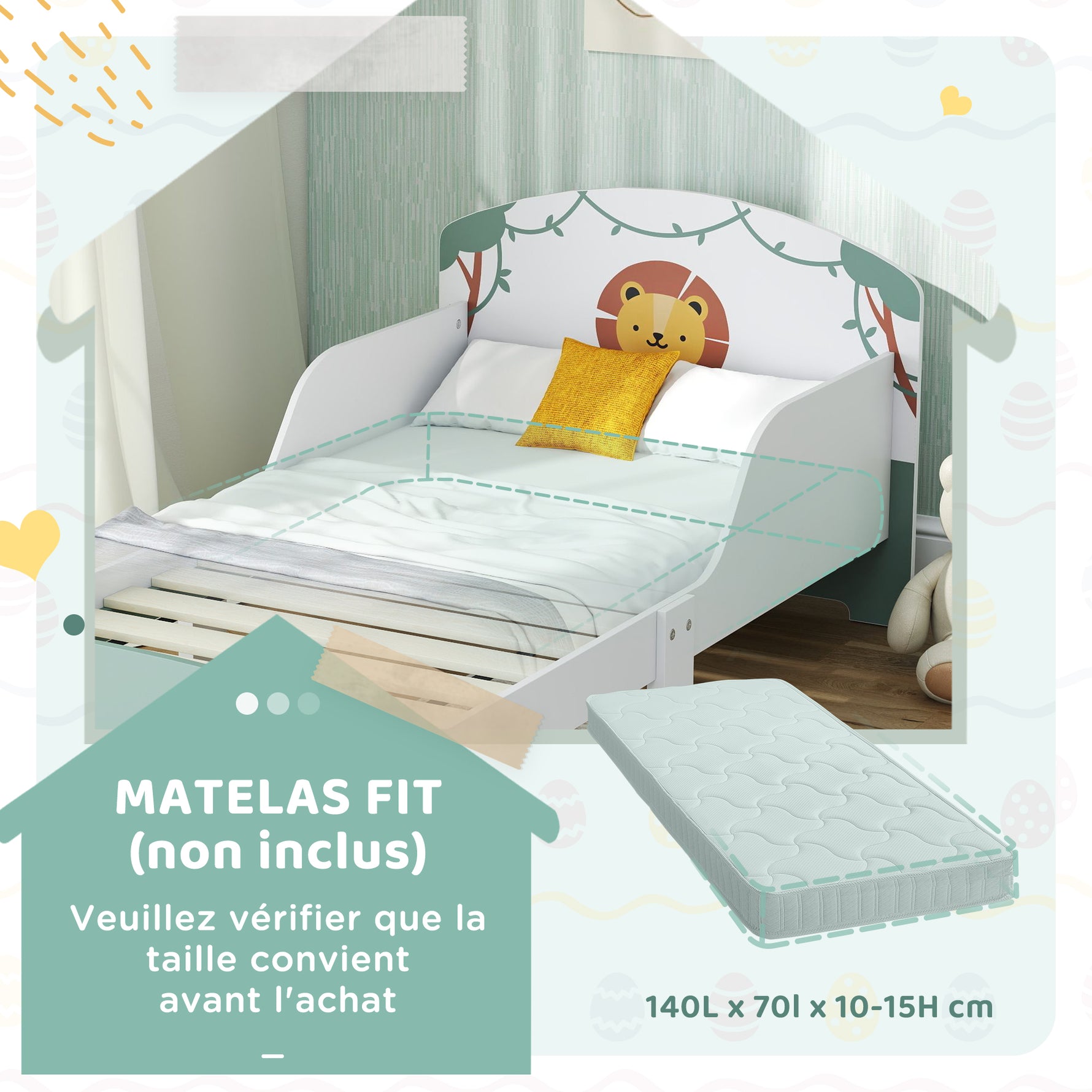 Lit enfant 70 x 140 cm, lit pour enfant avec barriere de securite et sommier à lattes, espace de rangement, vert