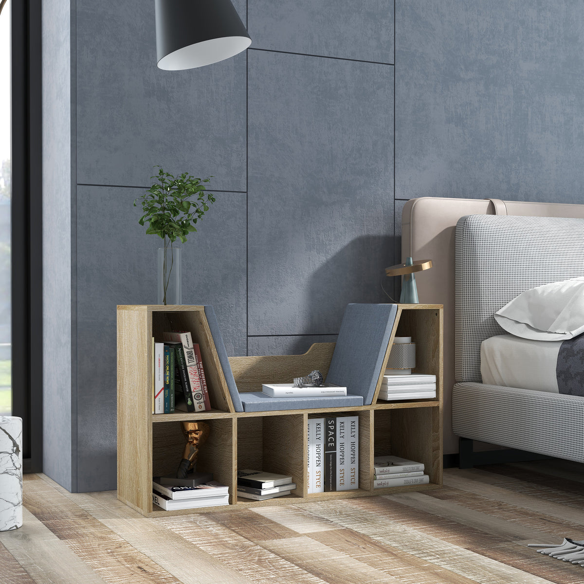 Bibliothèque Banc 2 en 1 Design Contemporain 6 casiers 3 Coussins fournis 102L x 30l x 61H cm Chêne Gris