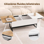 Table Basse Extensible avec Plateau Coulissant, Table de Salon avec Rangement Caché et Pieds en Acier, Blanc