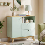 Buffet salon, meuble de rangement avec porte, 2 tiroirs, compartiment ouvert et étagère réglable, vert clair et chêne