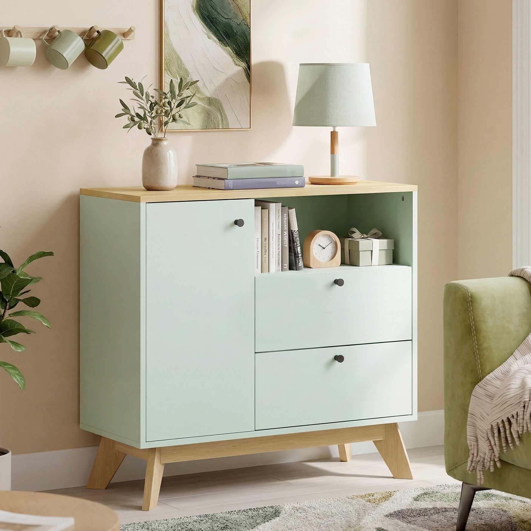 Buffet salon, meuble de rangement avec porte, 2 tiroirs, compartiment ouvert et étagère réglable, vert clair et chêne
