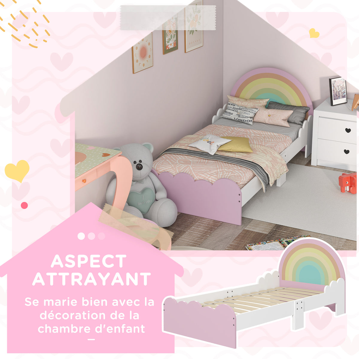 Kinderbett für Kinder von 3 bis 6 Jahren, 143 x 74 x 66 cm, Regenbogen-Design, inklusive Lattenrost, modernes Kinderzimmer, Rosa