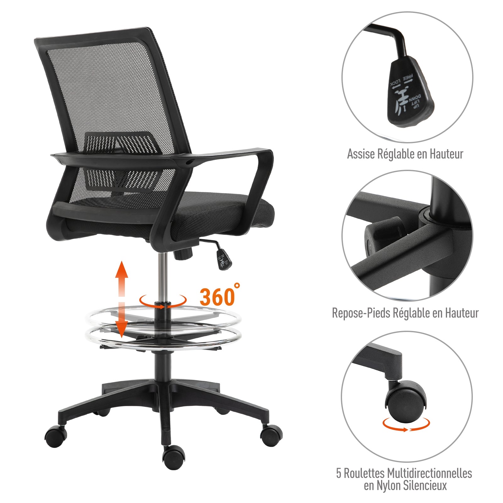 Fauteuil de bureau chaise de bureau assise haute réglable dim. 64L x 59l x 104-124H cm maille respirante noir