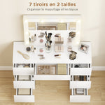 Dressing table with mirror and stool, makeup vanity with LED mirror, padded stool, 7 drawers, 110x39.5x140cm, white