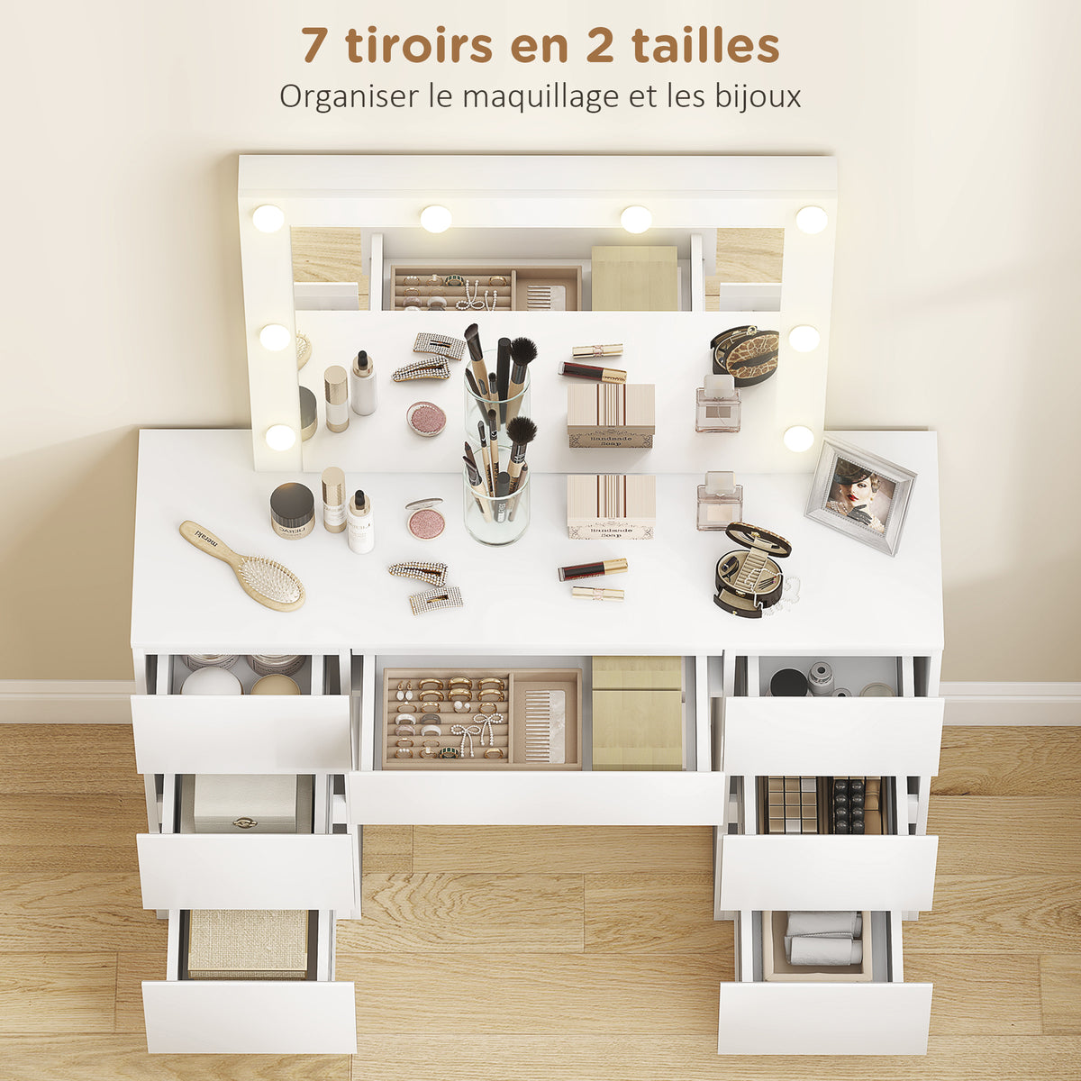 Dressing table with mirror and stool, makeup vanity with LED mirror, padded stool, 7 drawers, 110x39.5x140cm, white