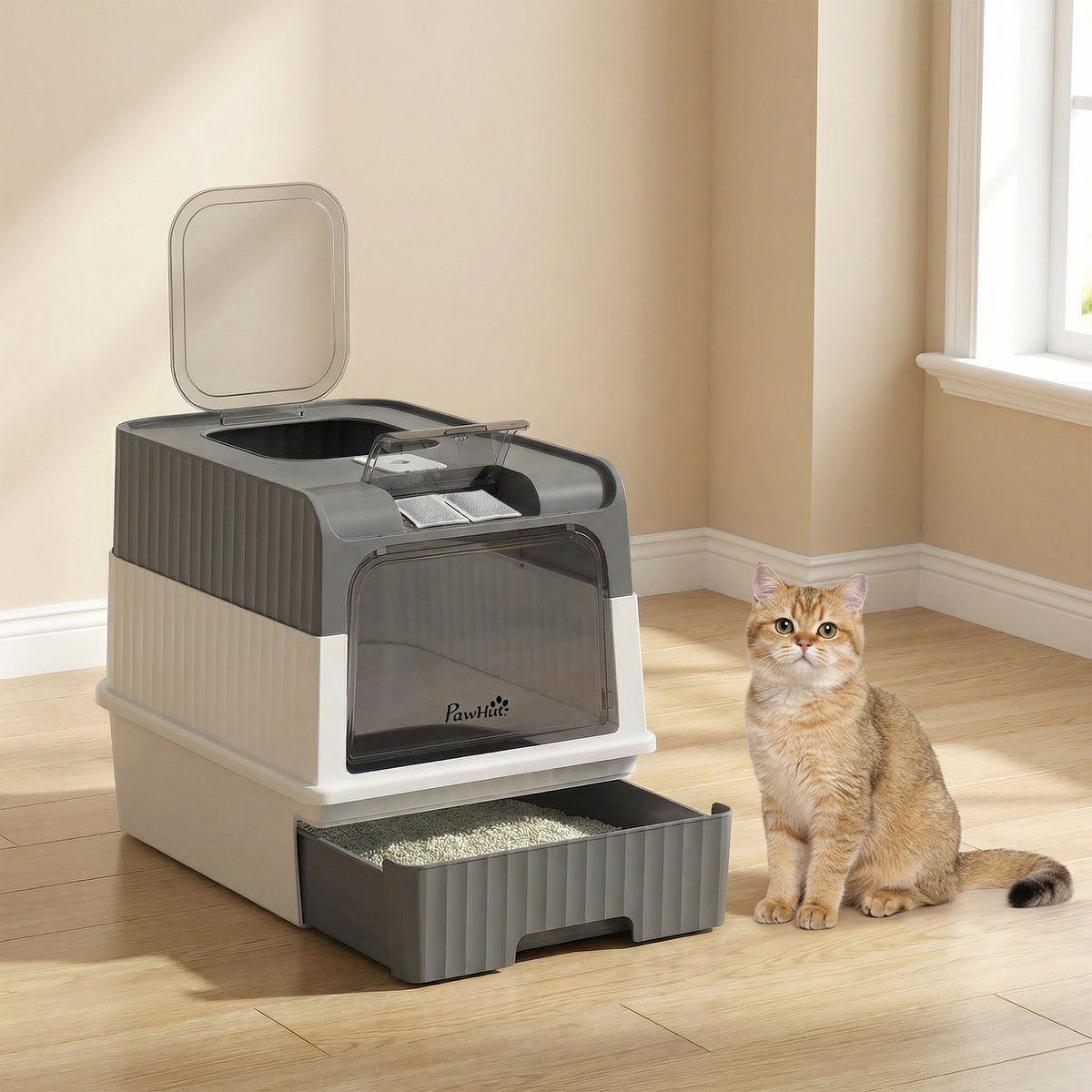 Kattentoilet met deksel, ingangen, uitschuifbare lade, schepje, geurzakjes, 48x35x36cm, grijs