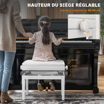 Banc de piano, banc de clavier réglable en hauteur en bois massif, compartiment de rangement, 55 x 33 x 48-58 cm blanc