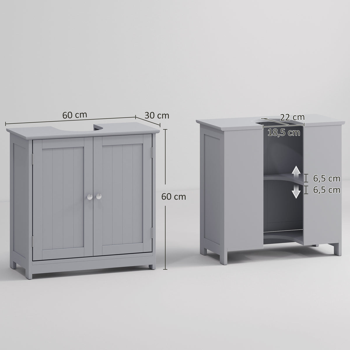 Meuble salle de bain sous lavabo - meuble sous-vasque - placard 2 portes avec étagère 60L x 30l x 60H cm - en bois Gris