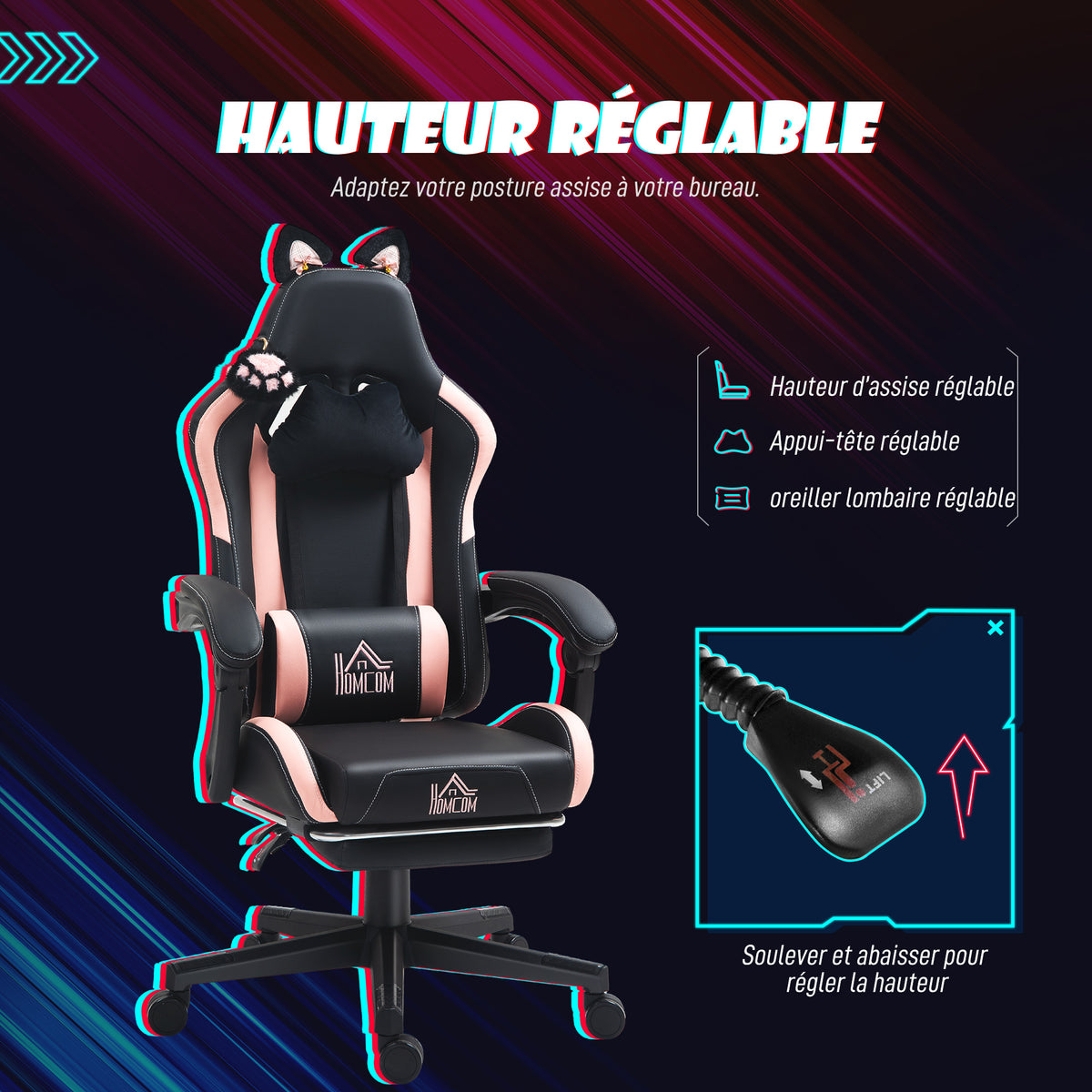 Chaise gaming ergonomique avec Oreilles de Chat, fauteuil gamer avec dossier inclinable, 65 x 62 x 124 cm, noir