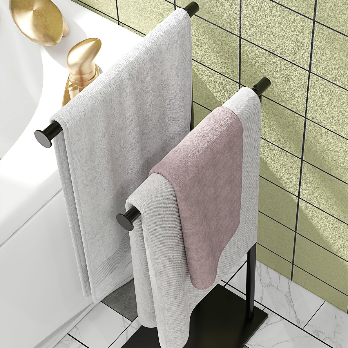 Porte-serviettes sur pied en acier avec 2 barres support pour serviette 35,5l x 20P x 78H cm - noir