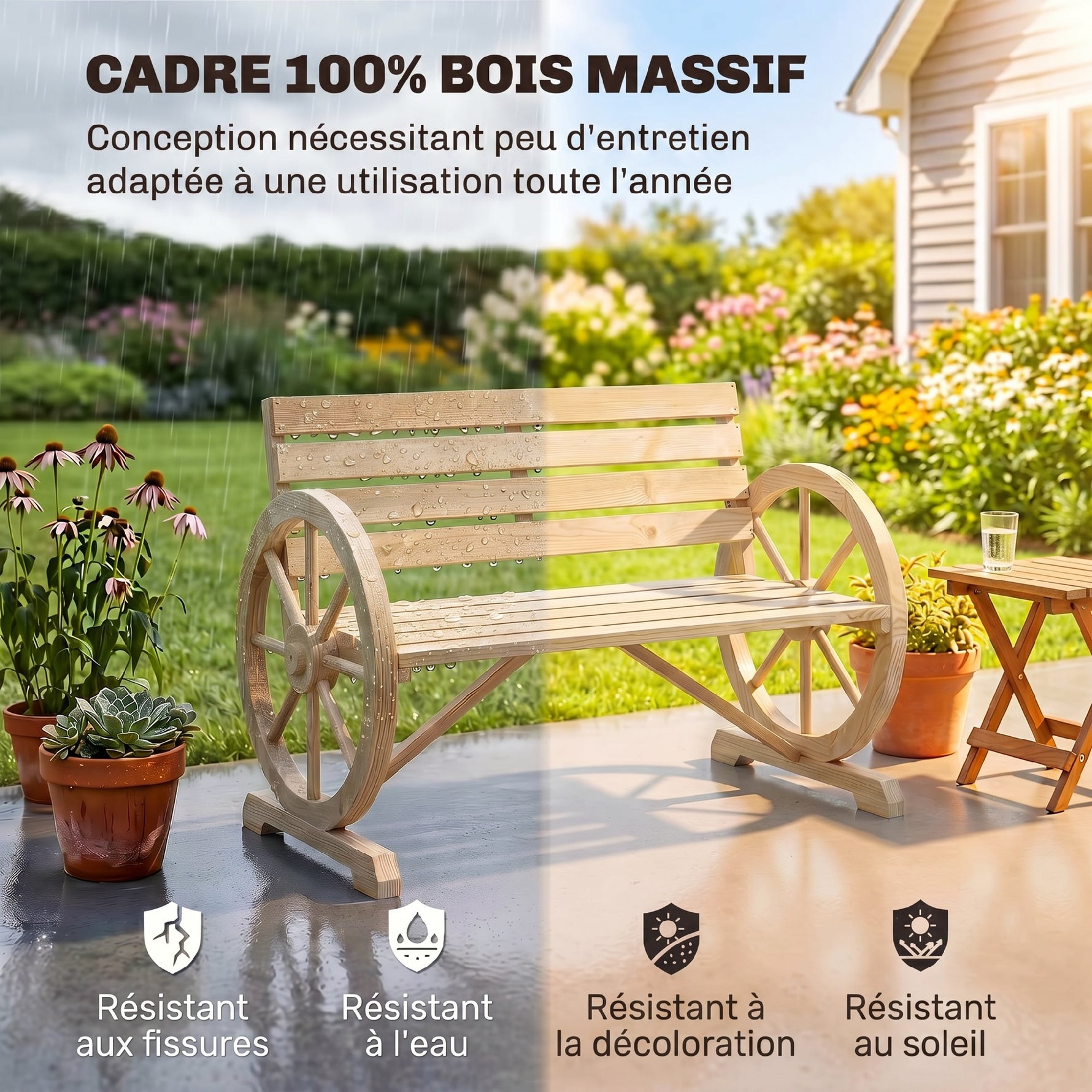 Banc de Jardin banc 3 places en bois Style Rustique Chic accoudoirs Roues Charette Bois Sapin effet bois naturel