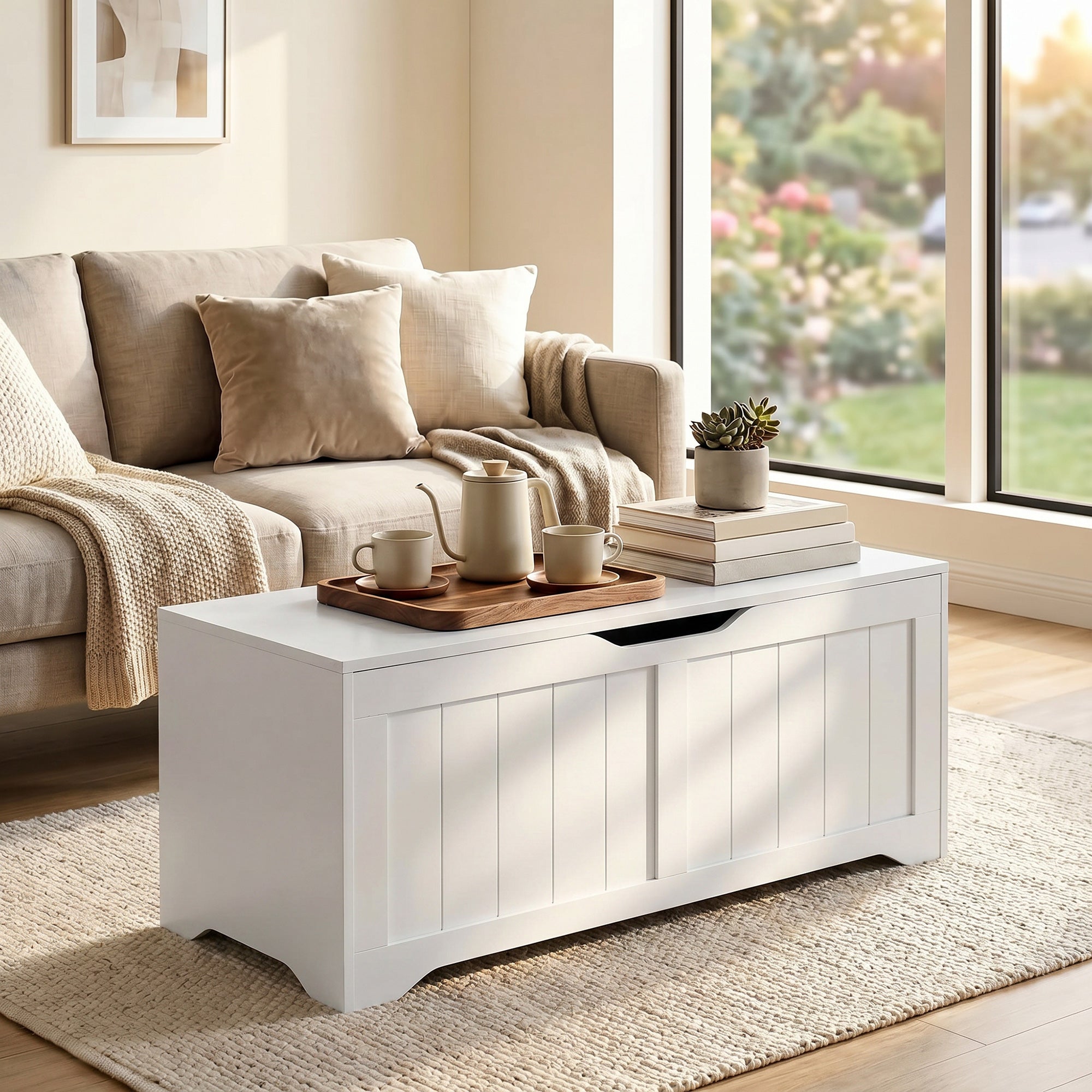 Coffre de Rangement 136 L, Banc Coffre avec 2 Charnières de Sécurité et Design Sans Poignée, 100 x 40 x 45 cm, Blanc