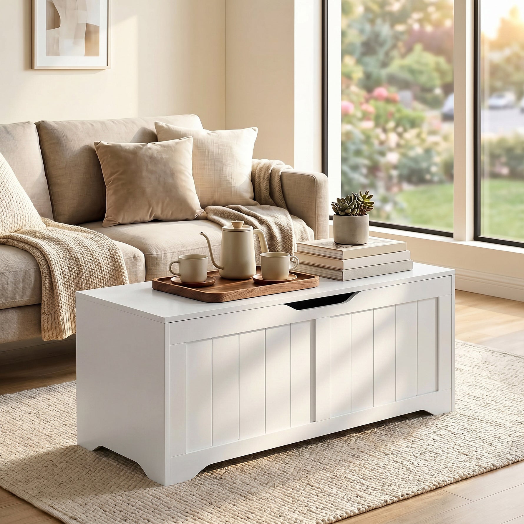 Coffre de Rangement 136 L, Banc Coffre avec 2 Charnières de Sécurité et Design Sans Poignée, 100 x 40 x 45 cm, Blanc