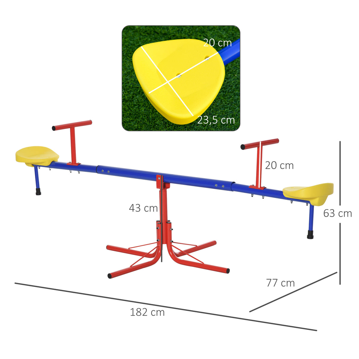 Balançoire à bascule pour enfant 3 à 8 ans trébuchet rotatif 360° pied 4 tiges poignée 184 x 76 x 71 cm, multicolore