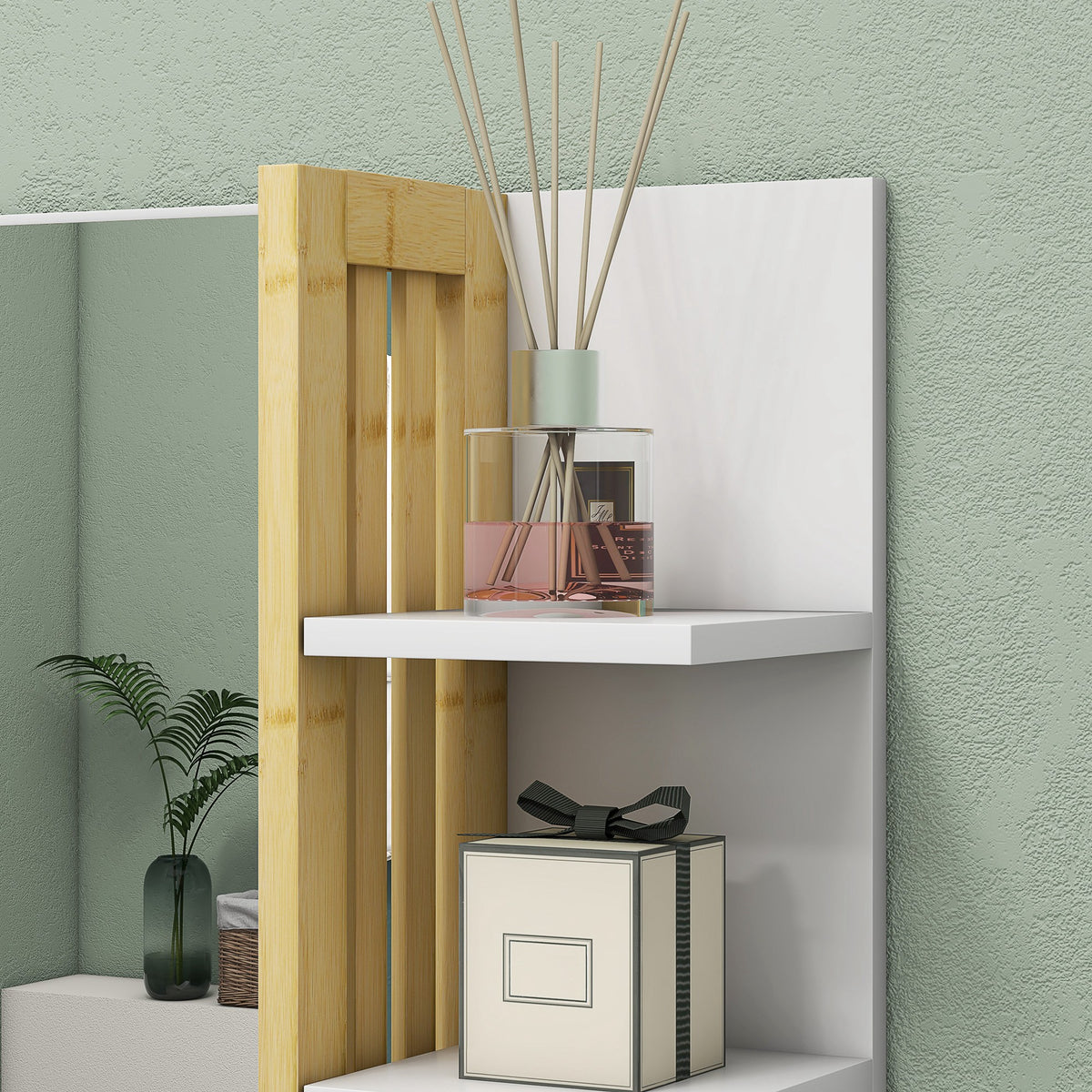 Miroir mural de salle de bain avec 3 étagères latérales 1 étagère inférieure en bambou 45 x 15 x 58,5 cm blanc
