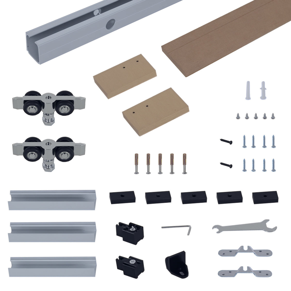 Kit Complet de Porte Coulissante en Bois, Quincaillerie Système Galandage pour Porte Épaisseur 35-45 mm, Charge Max. 75 kg, Rail, Roulettes, Vis, 200 x 3,05 cm, Brun