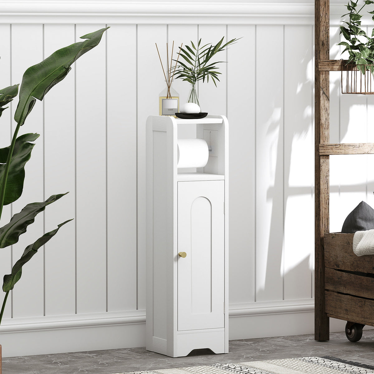 Badezimmerschrank WC-Schrank schmales Regal mit verstellbarem Fach Platzsparend für kleine Räume Weiß