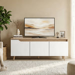 Meuble TV 120 cm, meuble télé pour téléviseur jusqu'à 55 pouces avec 3 portes, étagère réglable, chêne et blanc