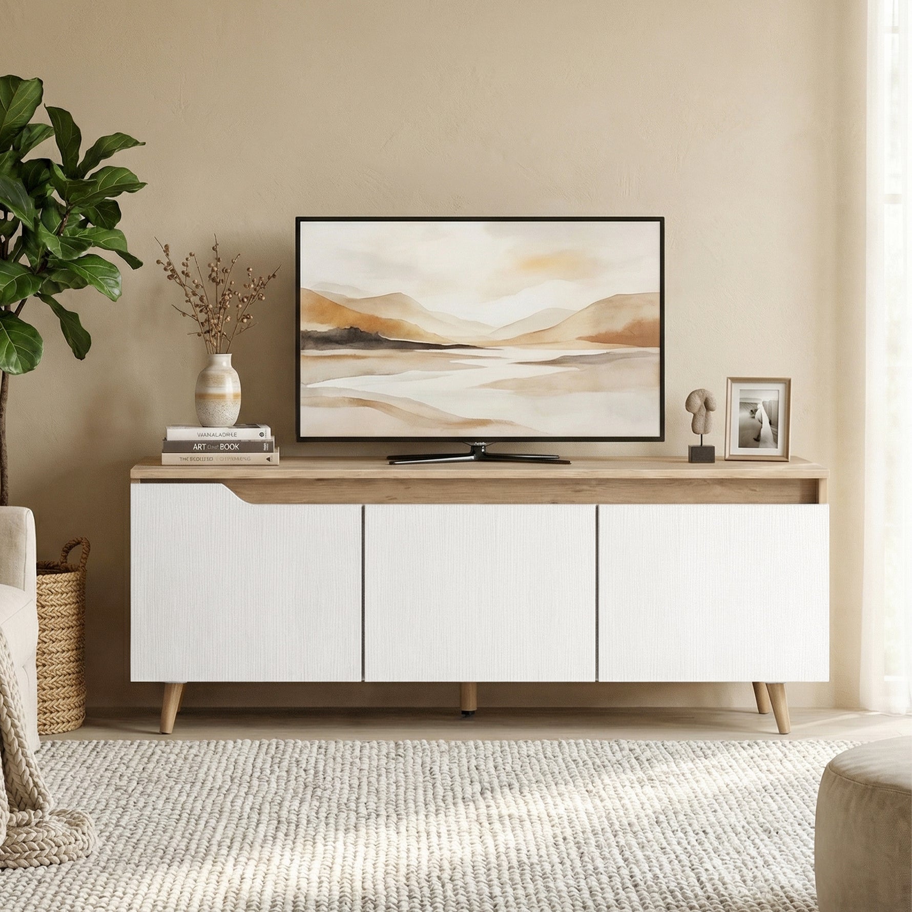 Meuble TV 120 cm, meuble télé pour téléviseur jusqu'à 55 pouces avec 3 portes, étagère réglable, chêne et blanc