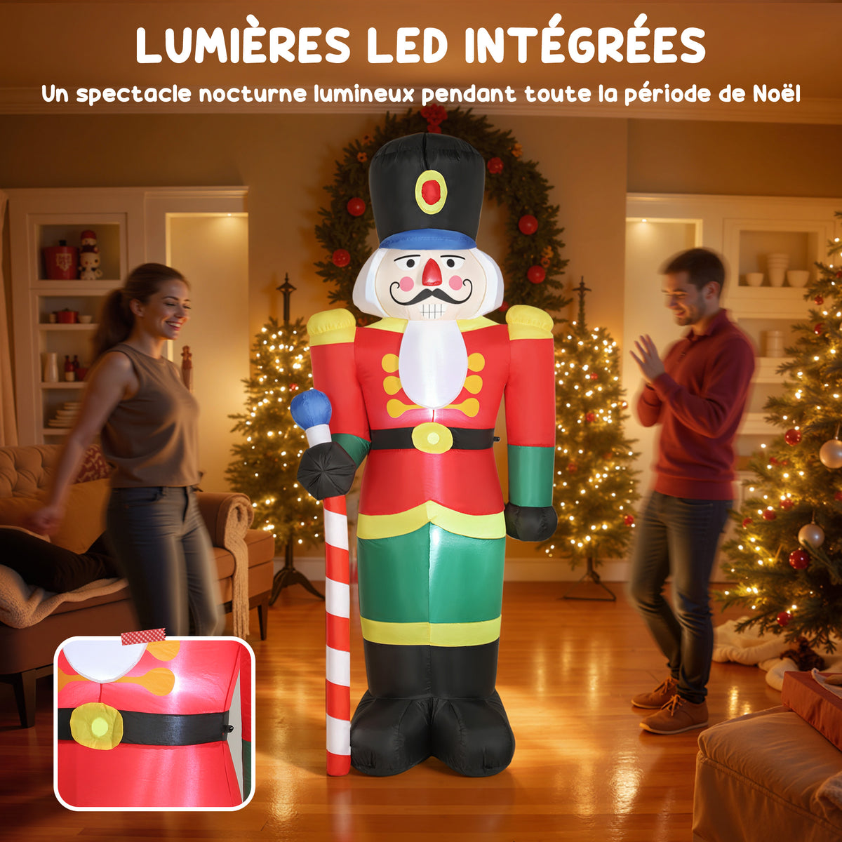 Soldat casse-noisette gonflable de Noël 245 CM avec lumières LED et sceptre, intérieur et extérieur, multicolore