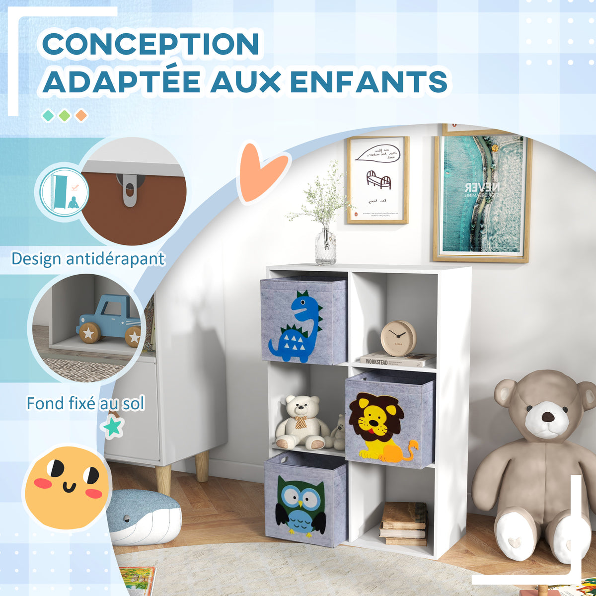 Meuble étagère bibliothèque 6 cases 3 cubes paniers en tissu motif animaux pour chambre enfant 62 x 30 x 91,5 cm blanc