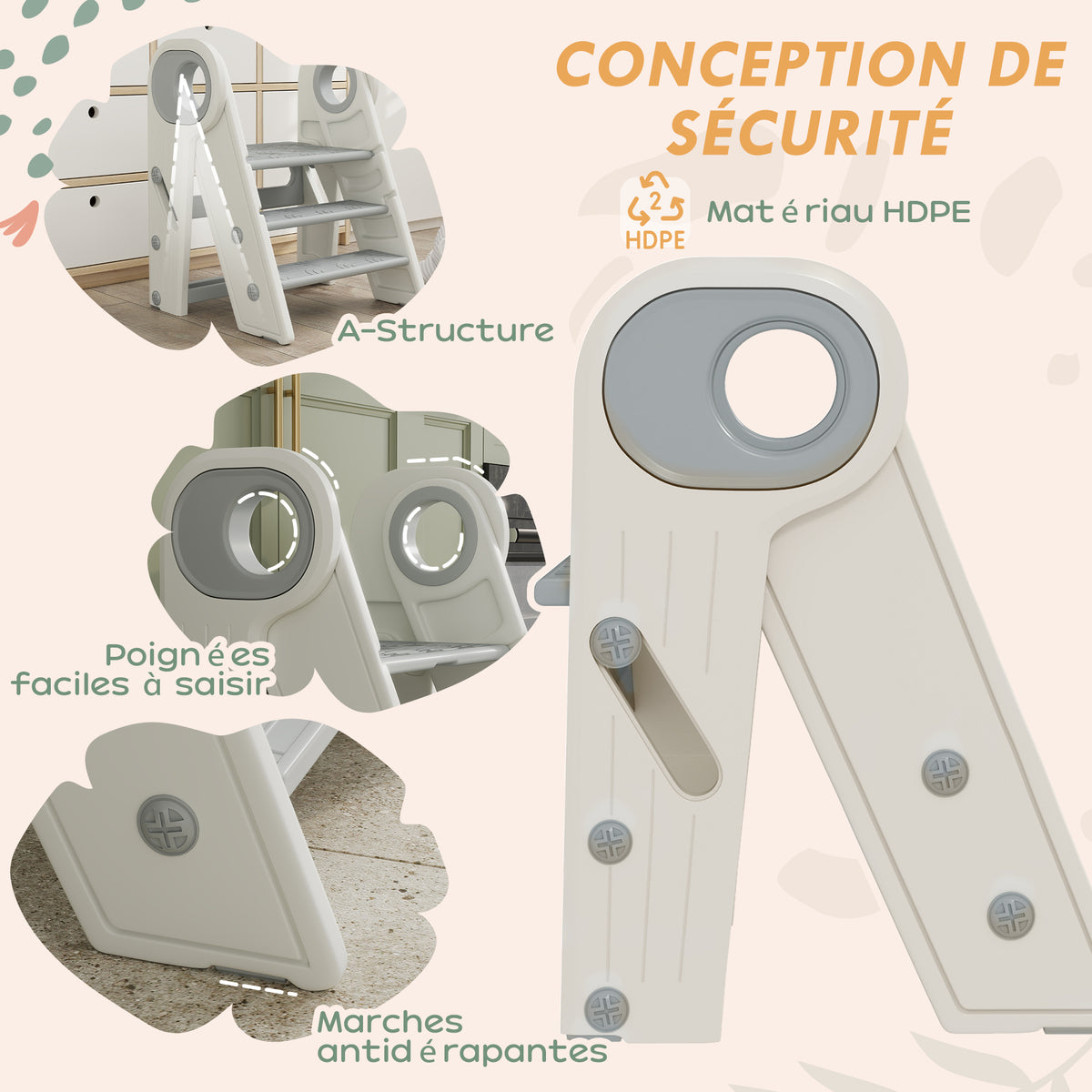 Marche pied pour enfant 3 marches, marchepied de cuisine pour enfant, pliable, hauteur ajustable de 2 à 3 marches, gris
