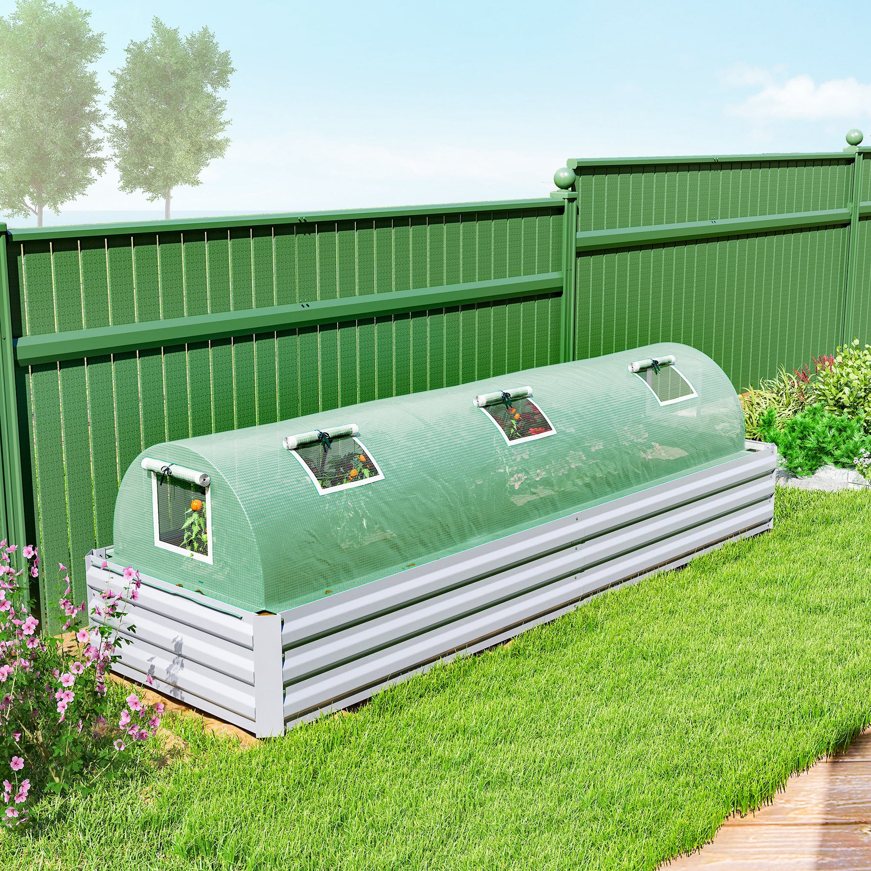 Serre de jardin tunnel 5 fenêtres enroulables bâche PE 140 g/㎡ métal époxy 300 x 80 x 45 cm vert