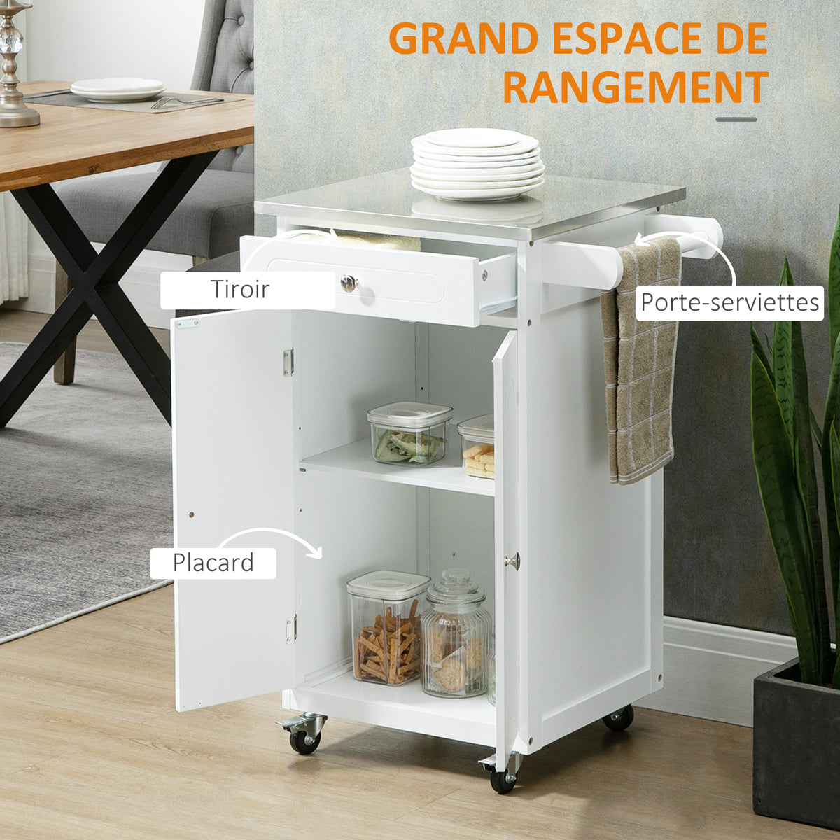 Chariot de service desserte de cuisine à roulettes multi-rangements 1 tiroir placard 2 portes acier inoxydable