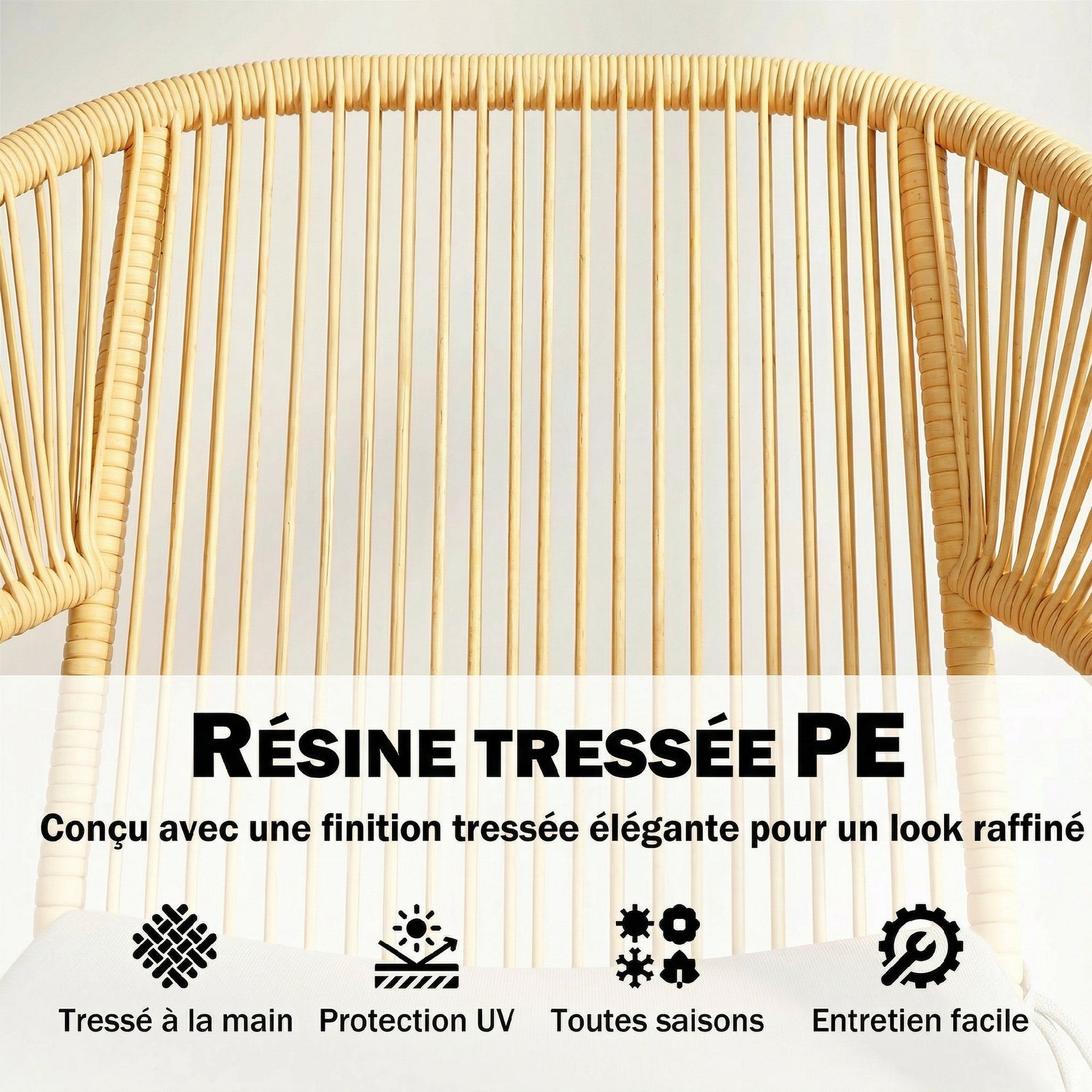 Ensemble Bistro Salon de Balcon 3 Pièces 2 Fauteuils Confortables et Table en Verre Trempé Coussins Déhoussables Beige