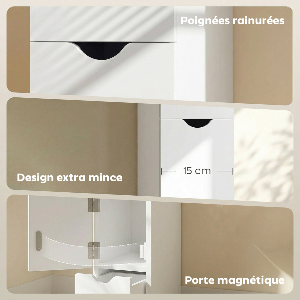 Meuble colonne salle de bain armoire de salle de bain avec tiroirs étagères ouvertes placard 15 x 33 x 136,8 cm blanc