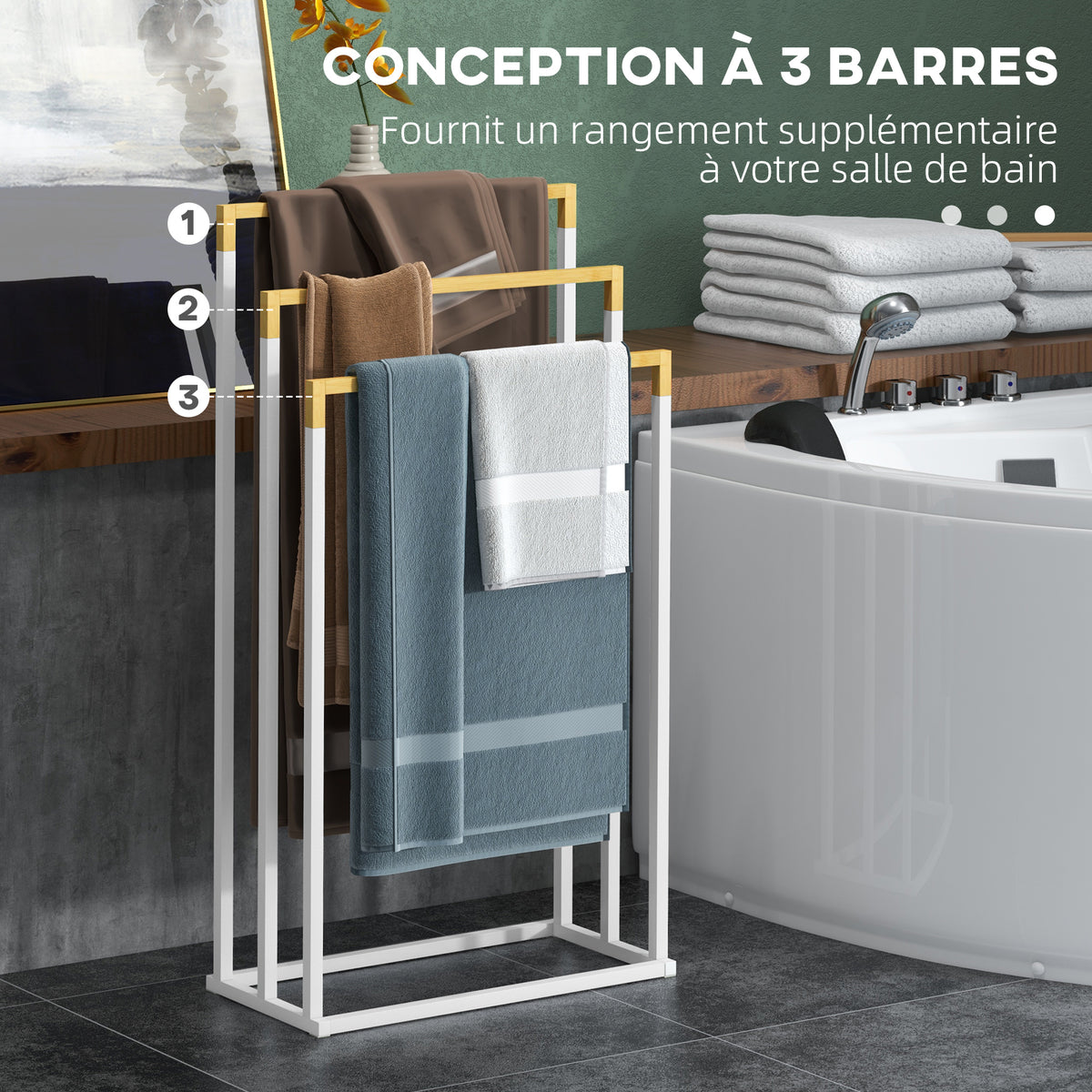 Freestanding bamboo and steel towel rack with 3 towel bars, 45 x 22.5 x 86 cm, white and natural