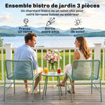 Salon de Jardin Extérieur 3 Pièces en Résine Tressée et Acier, Table de Jardin Ronde avec 2 Chaises, 58x67x75cm, Vert