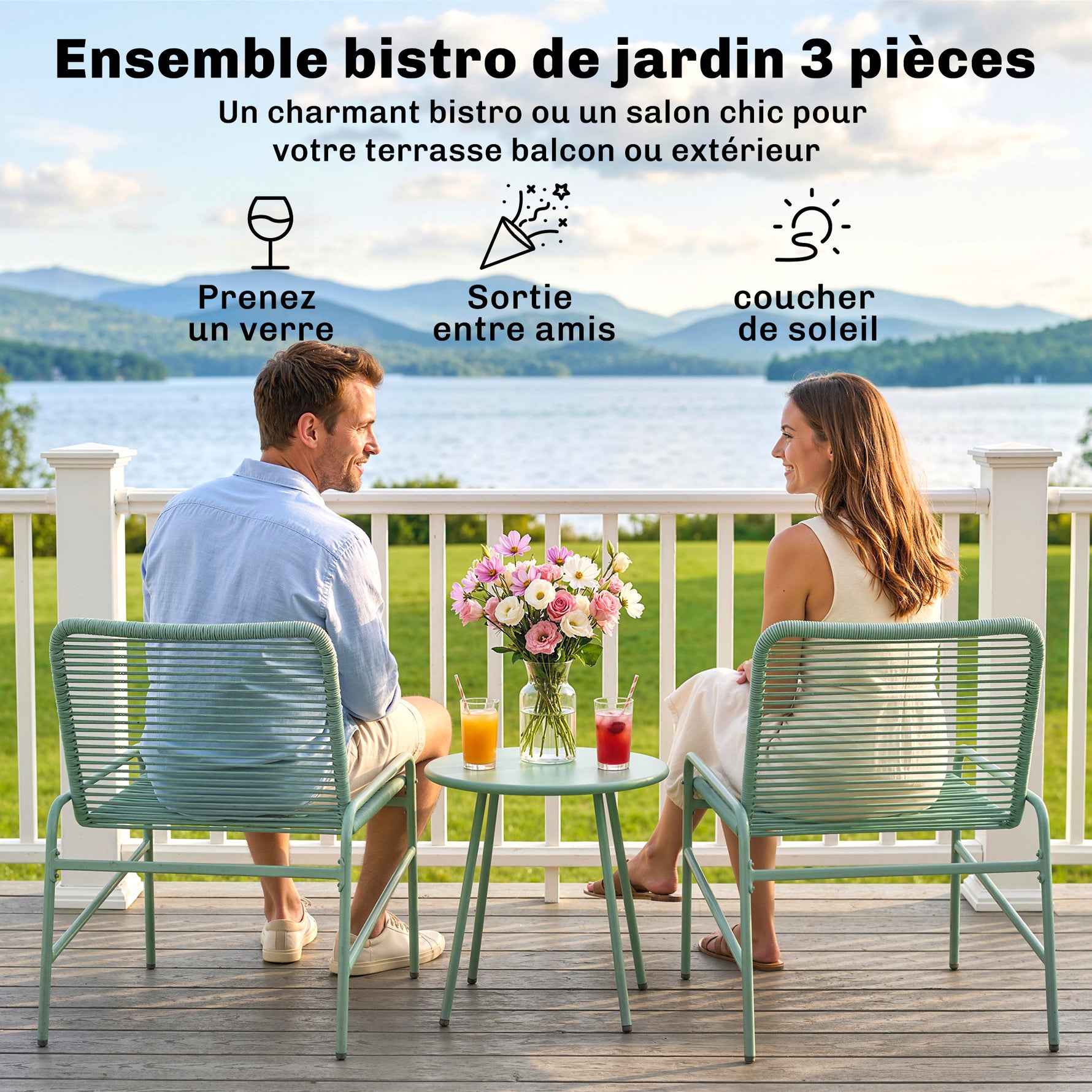 Salon de Jardin Extérieur 3 Pièces en Résine Tressée et Acier, Table de Jardin Ronde avec 2 Chaises, 58x67x75cm, Vert
