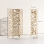 Paravent interieur en bois 3 panneaux 120 x 170 cm, pliable et portable, motif de feuille, design amovible, bois naturel
