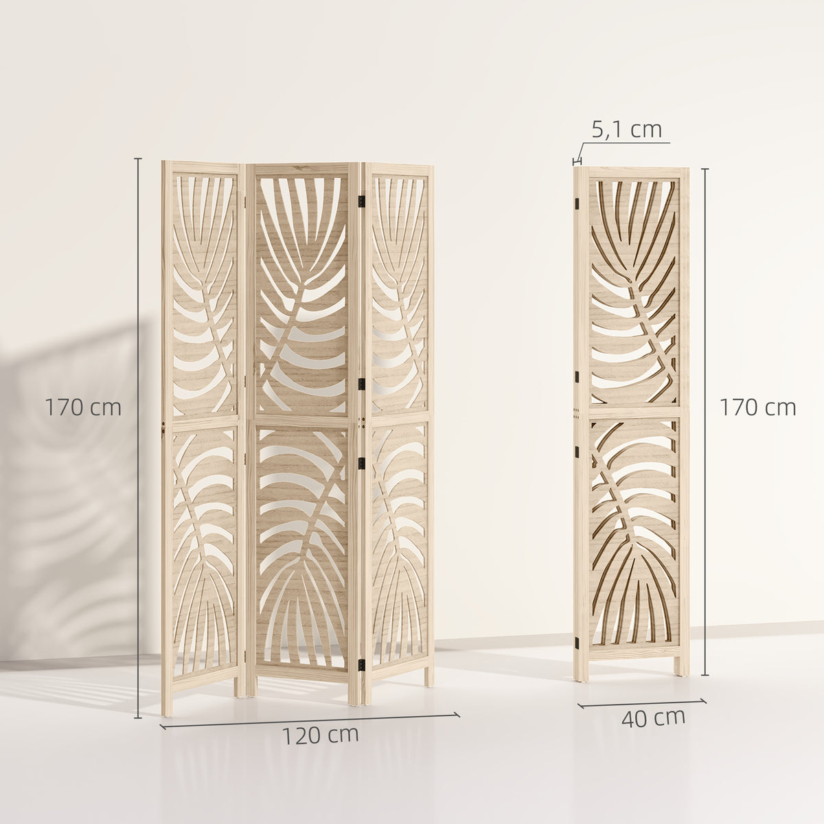 Paravent interieur en bois 3 panneaux 120 x 170 cm, pliable et portable, motif de feuille, design amovible, bois naturel
