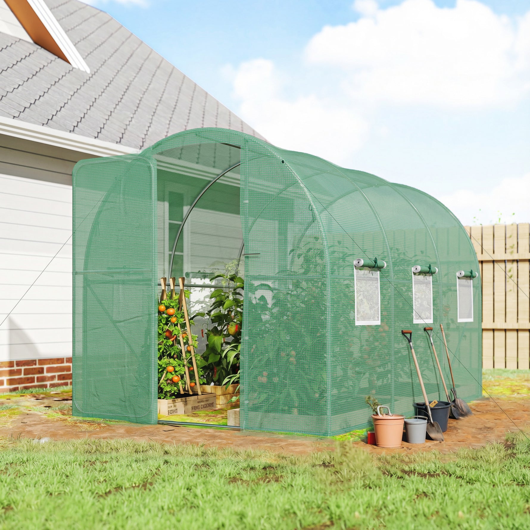 Serre tunnel de jardin 6m², serre de jardin tunnel 200x300x200cm porte et 6 fenêtres, bâche PE 140 g/m² vert