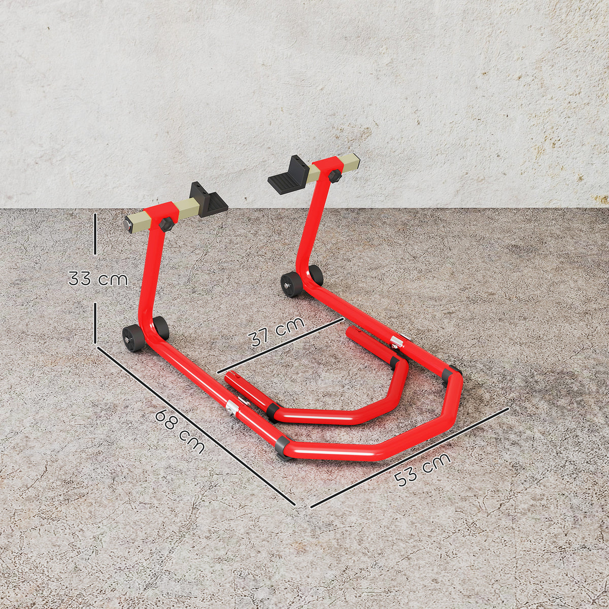 Béquille roue avant arrière charge 390kg béquille d'atelier moto bras réglable en acier, fourche en forme de U + L rouge