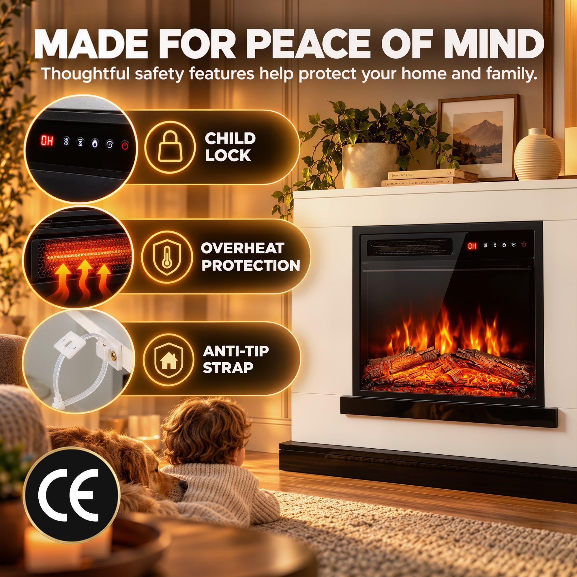 Cheminée Électrique Meuble TV Jusqu'à 50 Pouces Effet Flamme 3D, Chauffage d'Appoint 1800W 80x23x78,5cm Blanc
