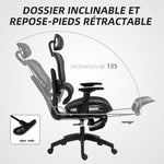 Fauteuil de bureau, chaise de bureau ergonomique en maille avec accoudoirs 3D, dossier inclinable, 66x64x122 cm, noir