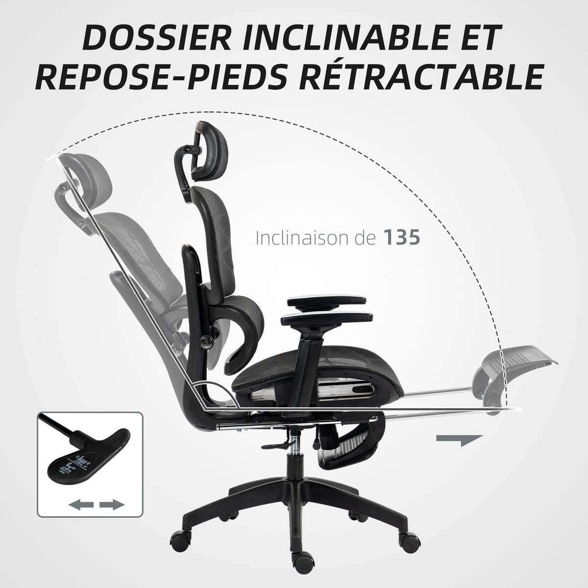 Fauteuil de bureau, chaise de bureau ergonomique en maille avec accoudoirs 3D, dossier inclinable, 66x64x122 cm, noir
