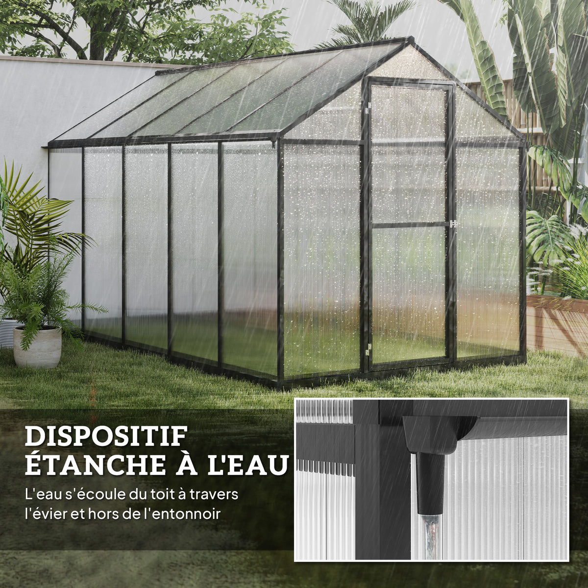 Serre de jardin en aluminium polycarbonate, serre avec fenêtres supérieures réglables 303x183x195cm transparent