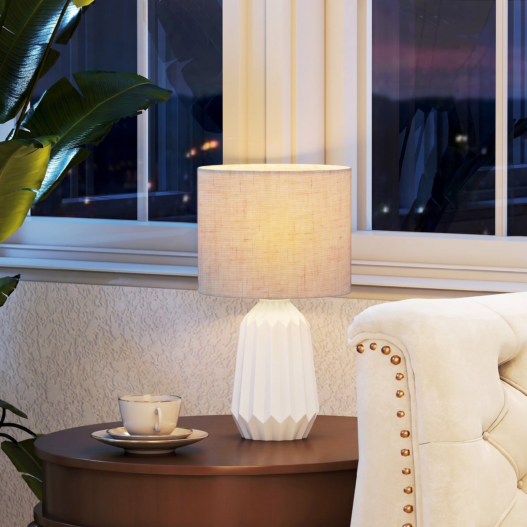 Lampe de Table avec Base en Céramique et Abat-Jour en Lin, Lampe de Chevet avec Interrupteur, Culot E27, Blanc et Beige
