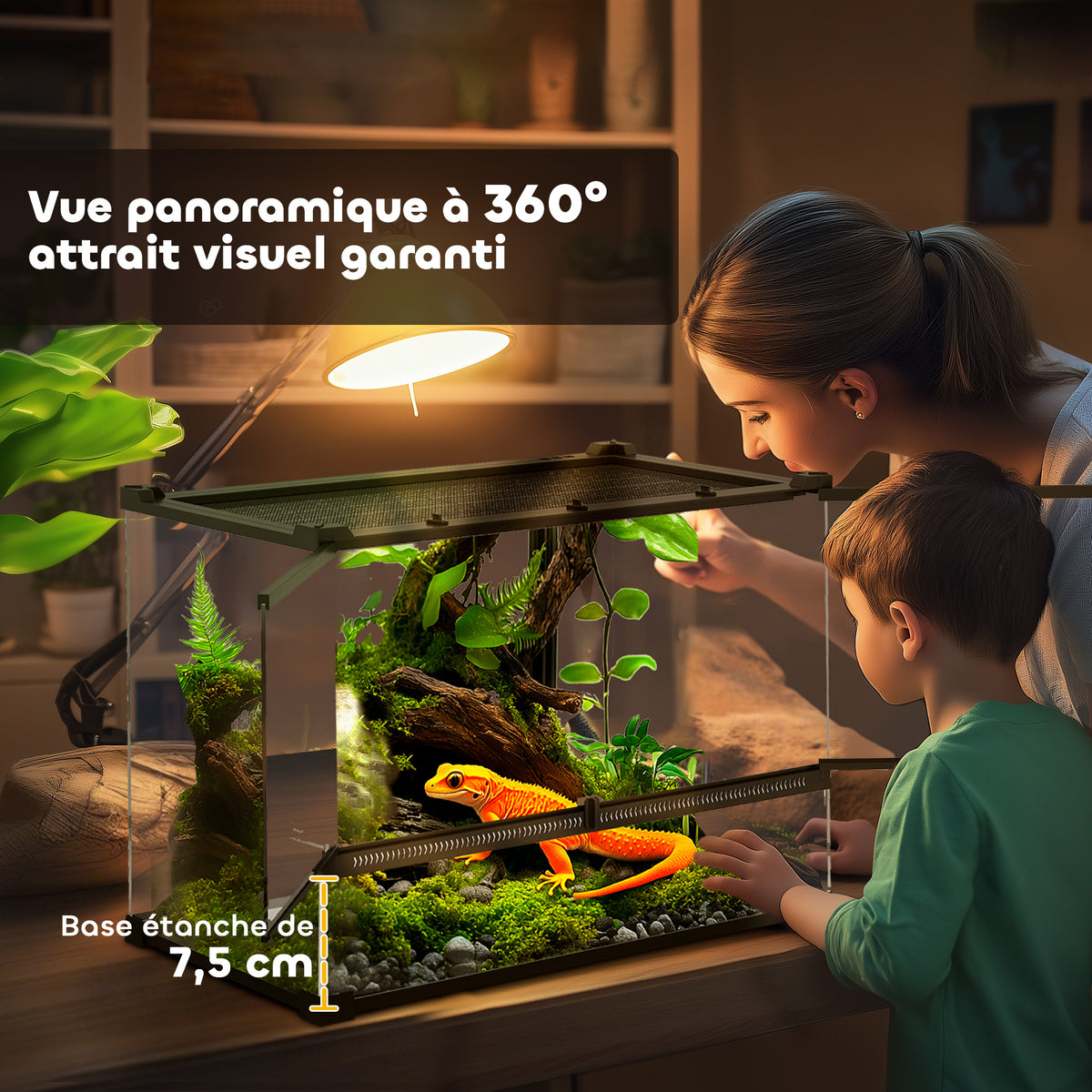 Boîte à reptiles, boîte d'élevage de reptiles, fermeture sécurisée par rotation, ventilation frontale, 50x30x35cm, noir