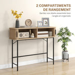 Console meuble, table console avec portes coulissantes à lattes et pieds en acier, pour salon, chêne et noir