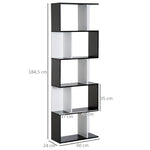 Boekenkast met 5 niveaus, S-vormig opbergmeubel met planken, opbergrek voor woonkamer, slaapkamer en kantoor, 60 x 24 x 184,5 cm, zwart, wit