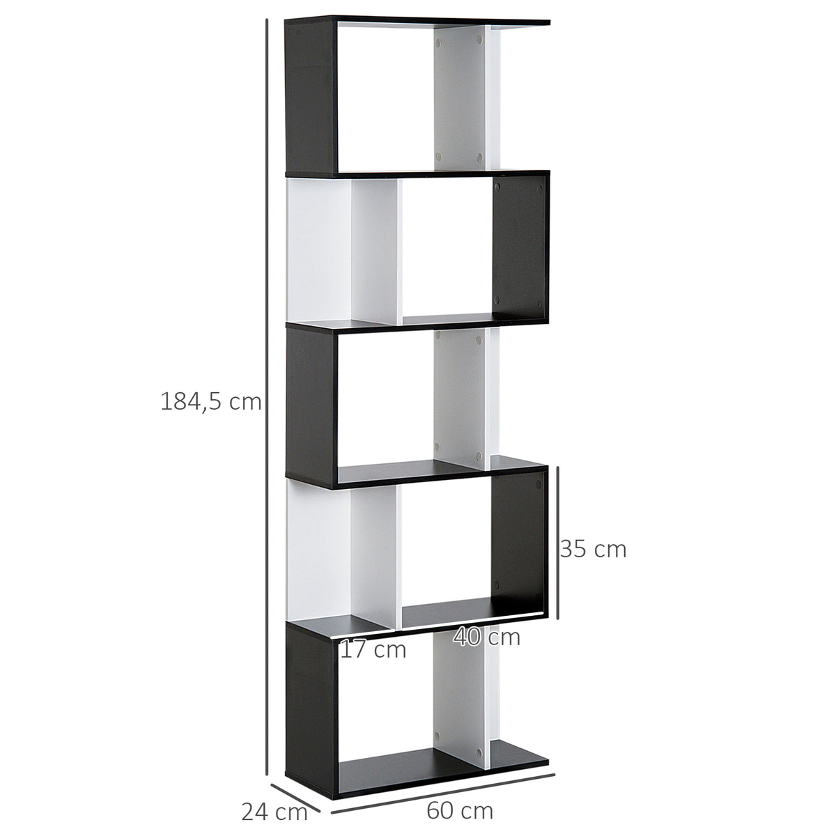 Boekenkast met 5 niveaus, S-vormig opbergmeubel met planken, opbergrek voor woonkamer, slaapkamer en kantoor, 60 x 24 x 184,5 cm, zwart, wit