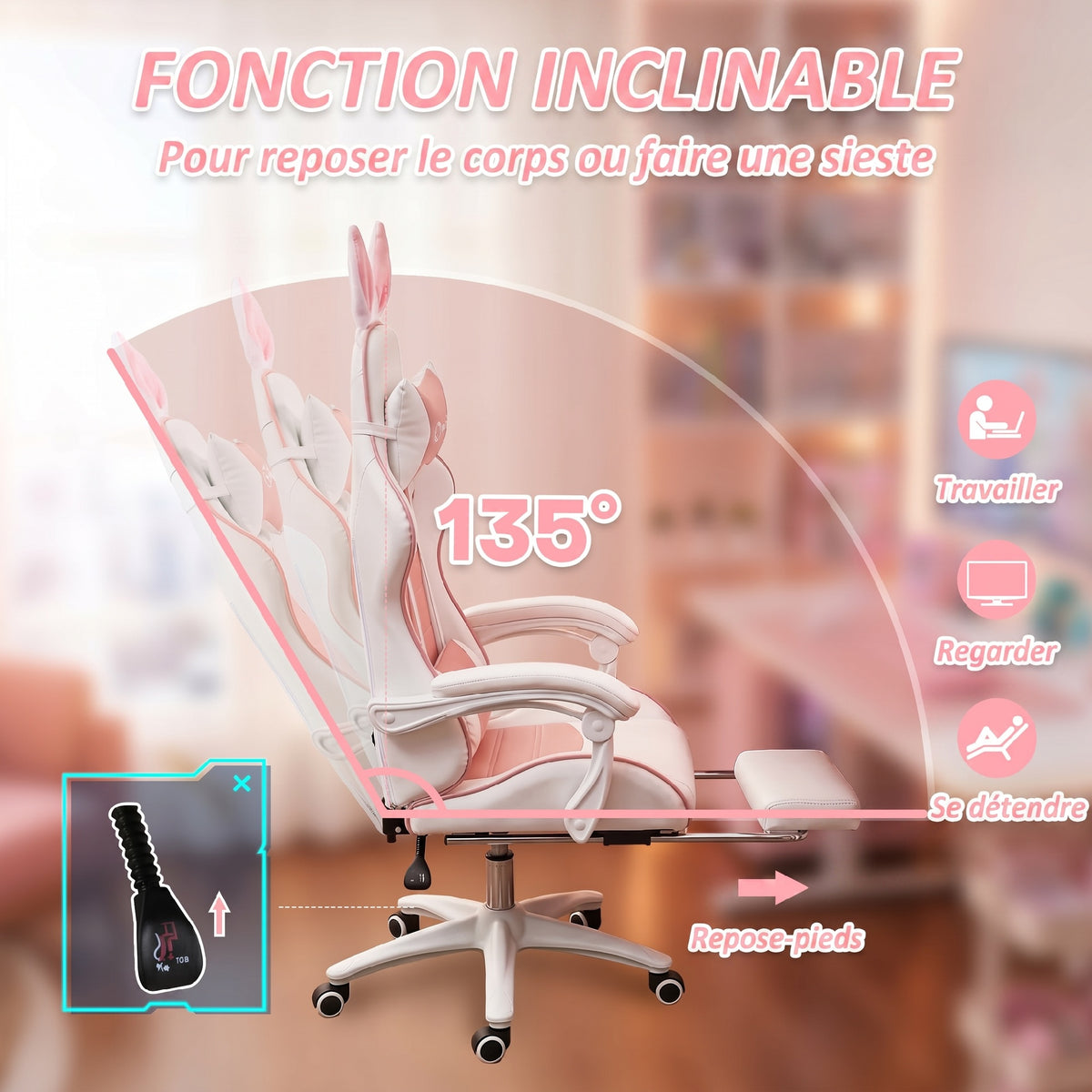 Silla gaming con soporte lumbar, altura ajustable, respaldo reclinable, orejas de conejo y reposacabezas, rosa