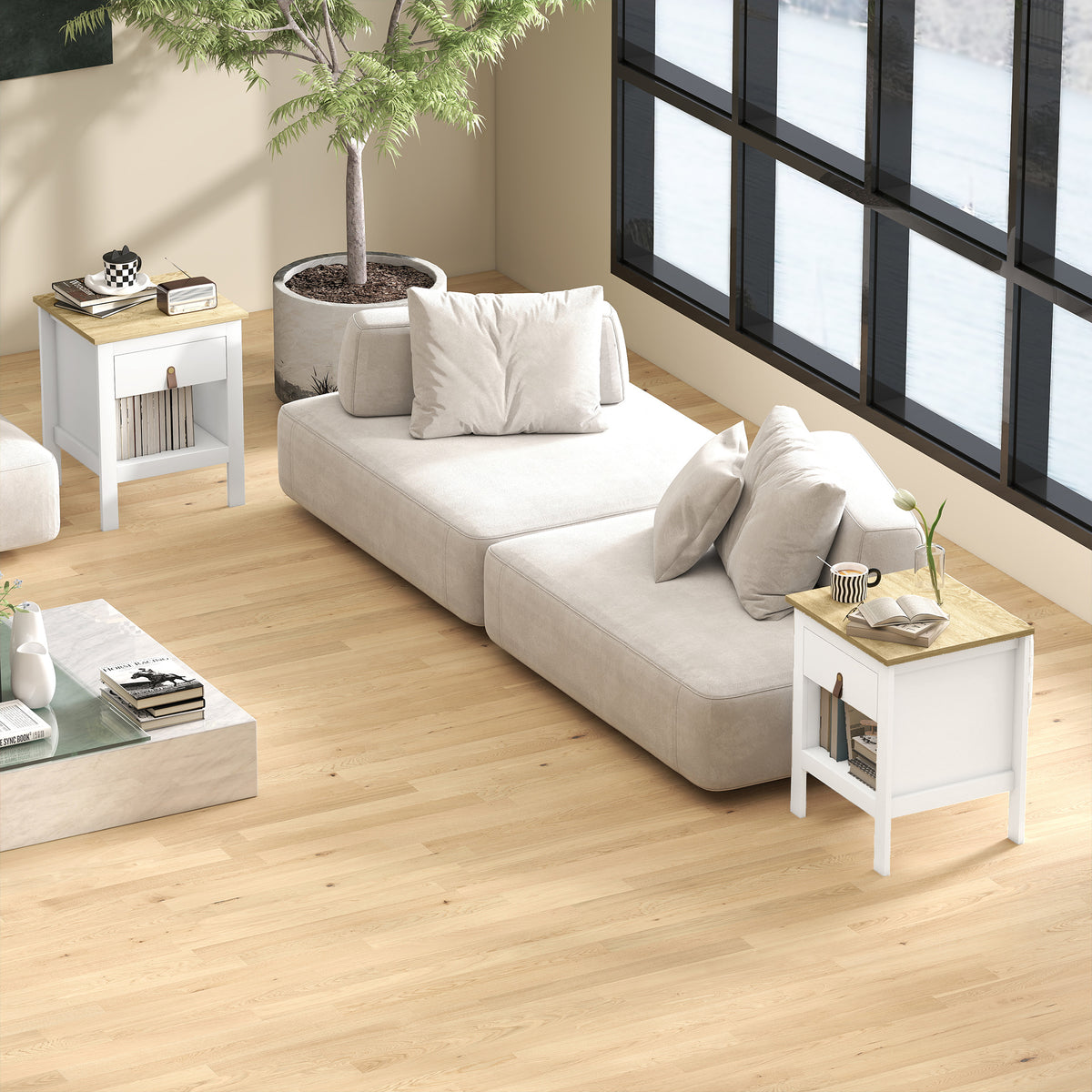 Lot de 2 tables de chevet avec tiroir et compartiment ouvert, 45 x 40 x 55 cm, blanc