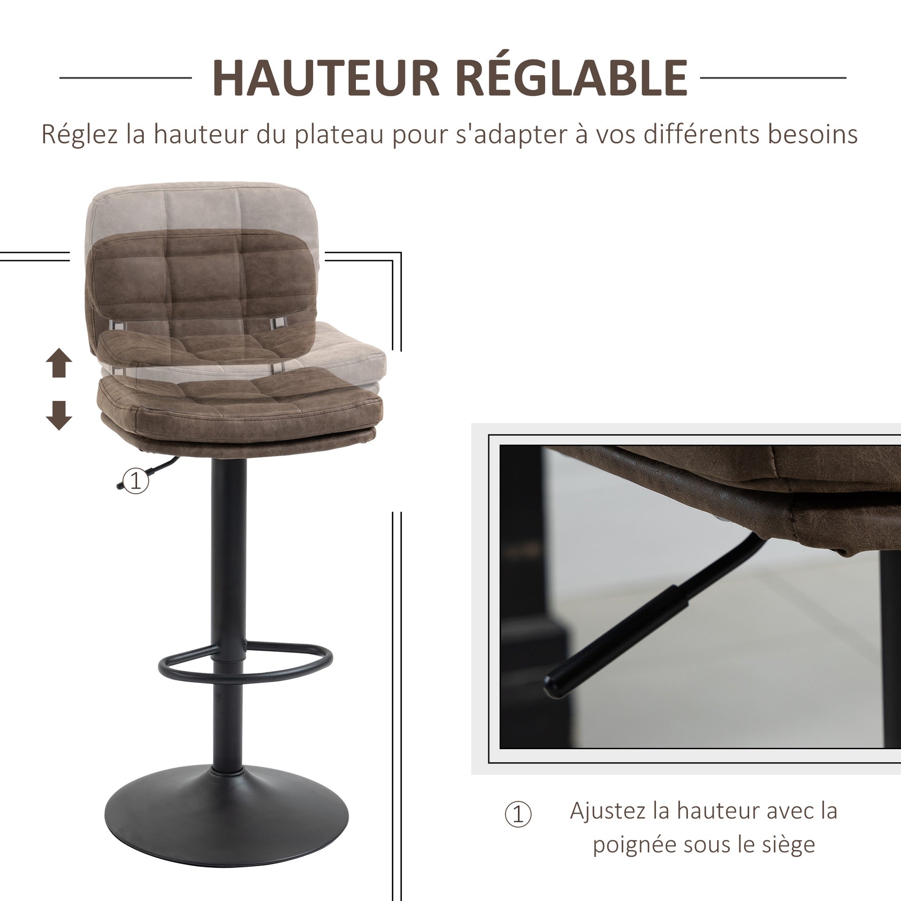 Lot de 2 tabourets de bar Vintage capitonné - pivotant, réglable - repose-pied - revêtement synthétique marron