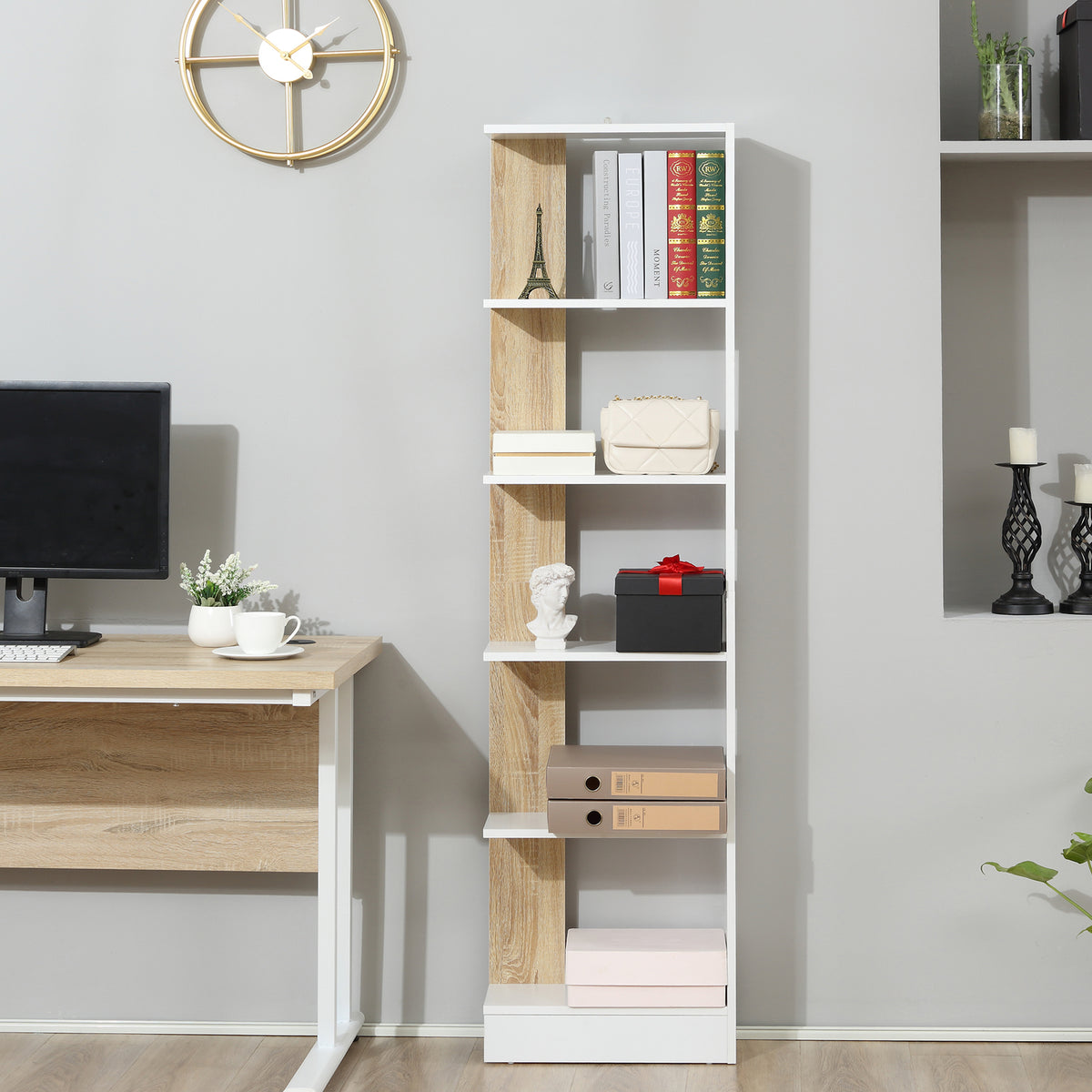Bibliothèque Étagère de Rangement avec 5 Compartiments Ouverts Design Simple Moderne Blanc et Chêne